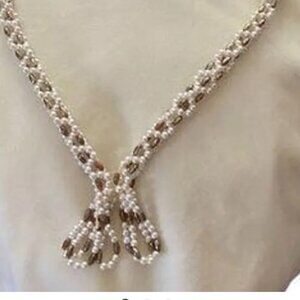 Beautiful Vintage Hand Beaded Necklace w Tassel Faux Pearl & Gold Tone Beads